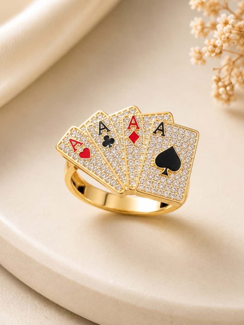 14K Gold Filled Poker Aces AAAAA CZ Pavé Ring. Unisex Statement. Stamped. Size 9